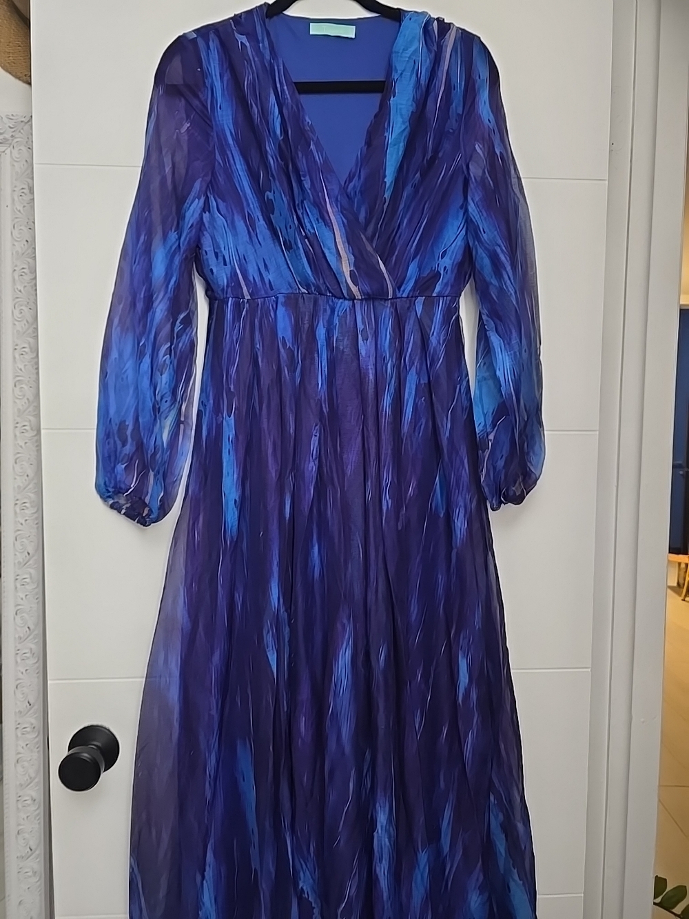 TOLEEN Blue Abstract Print Maxi Dress - Size S - V-Neck Long Sleeve Chiffon Boho